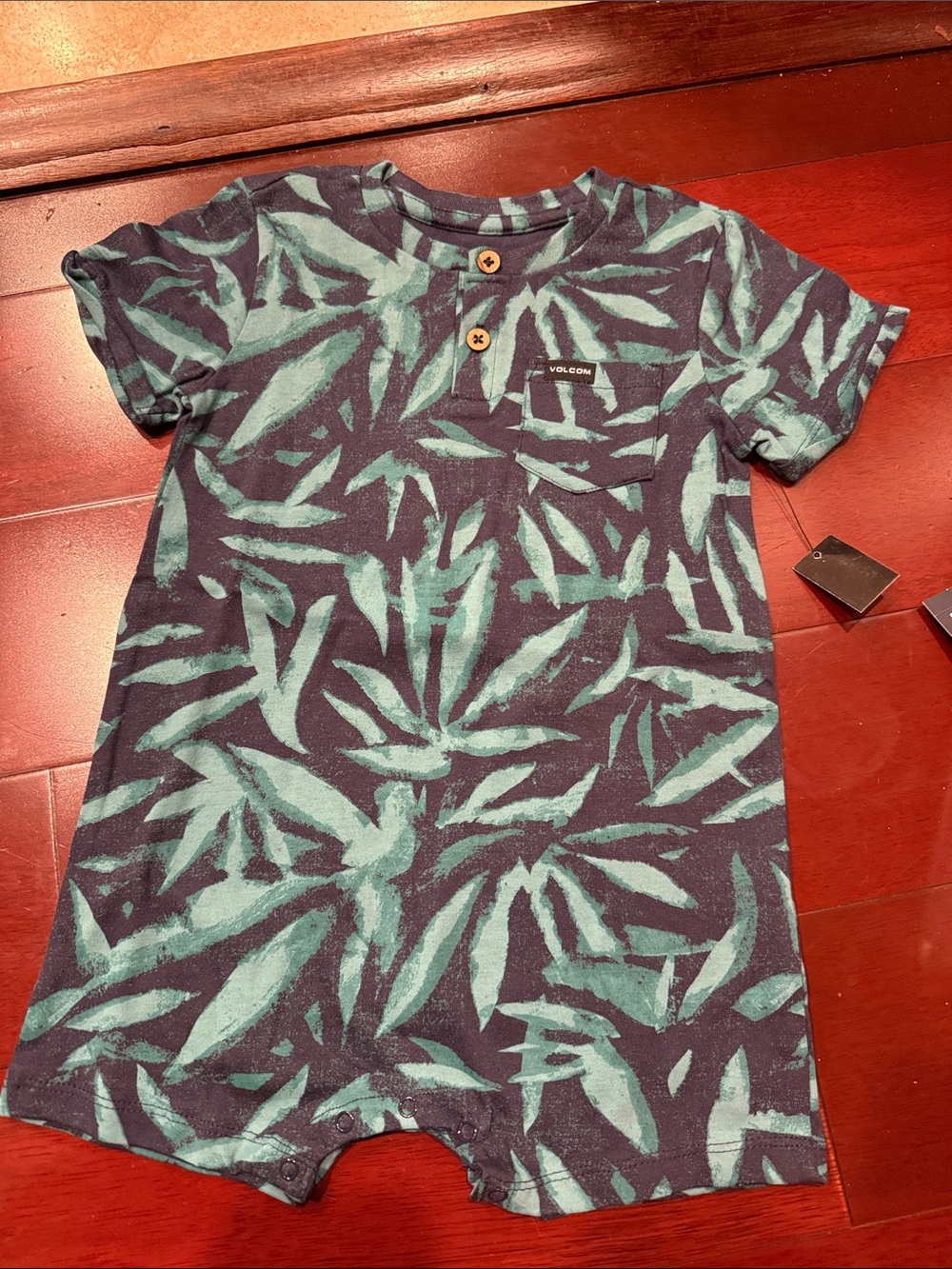 Volcom Navy and Teal Leaf Print Short Sleeve Romper